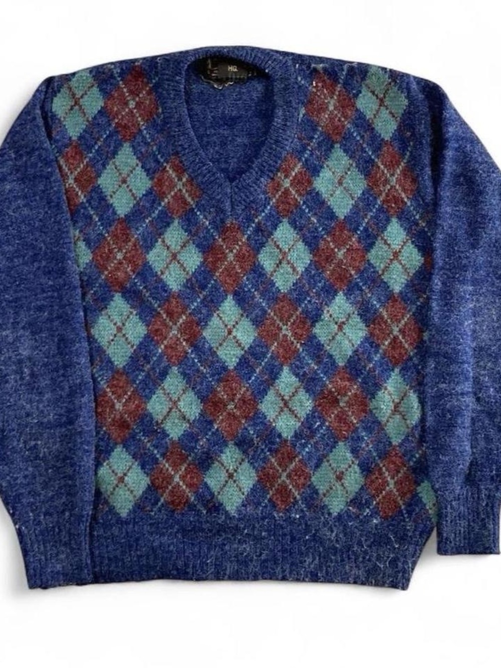 Vintage 80s Alvin Josef Argyle V-Neck Knit Sweater